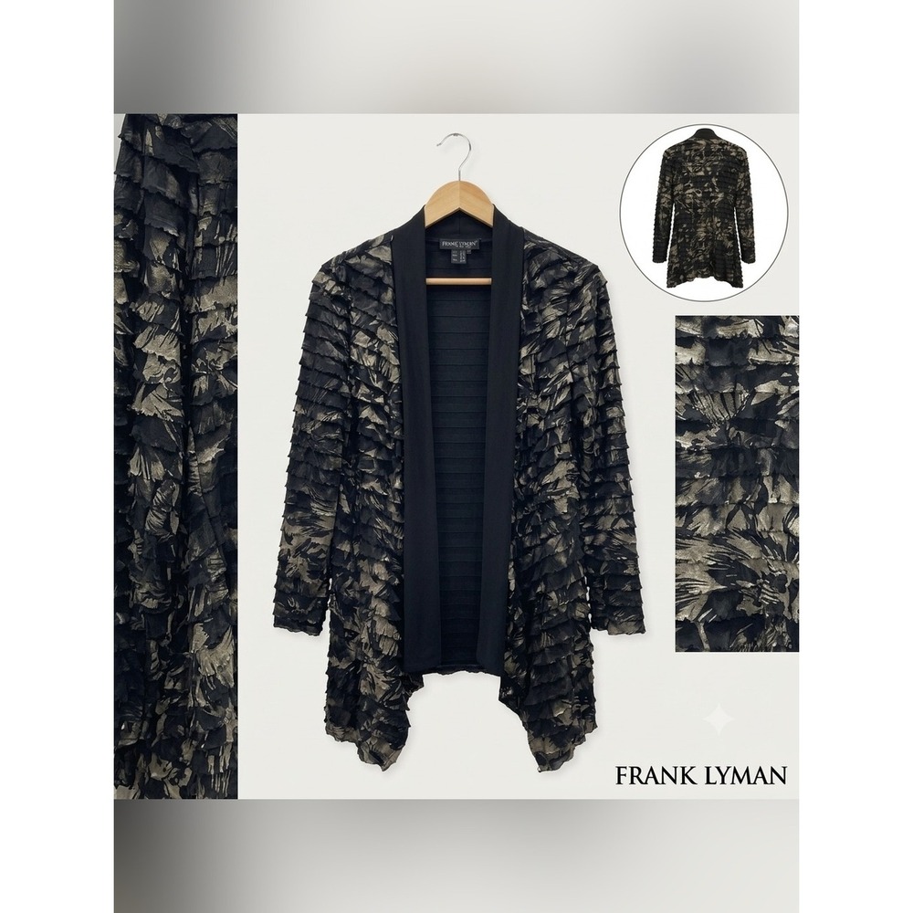 Frank Lyman Cardigan Women 12 Black Gold Excellent Ruffle Metallic 11378-F